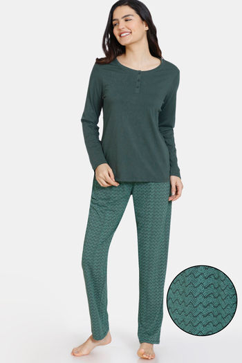 Buy Zivame Impression Knit Cotton Pyjama Set - Trek Green